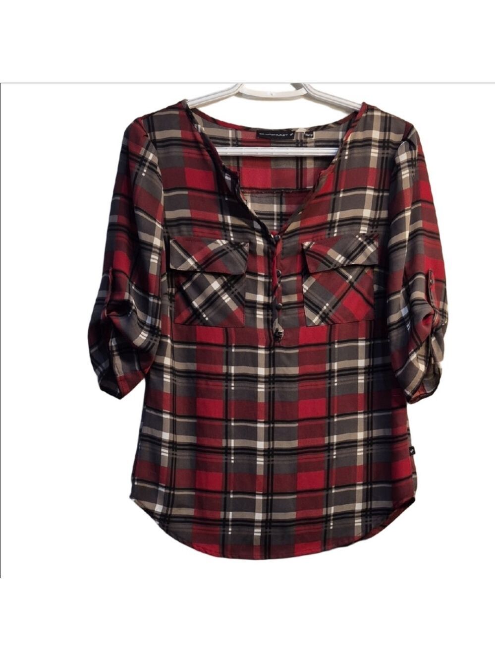 William Rast Red and Gray Plaid Button-Front Tunic